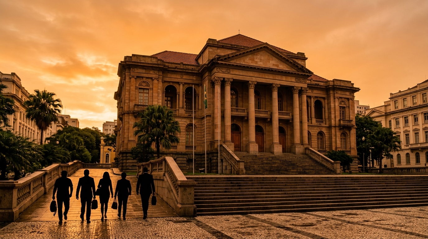 Façade d'un tribunal brésilien à la lumière dorée du soir