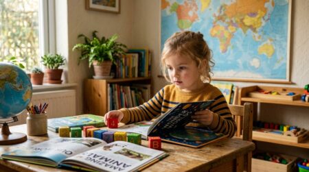 Jeune enfant concentré entouré de livres et cartes