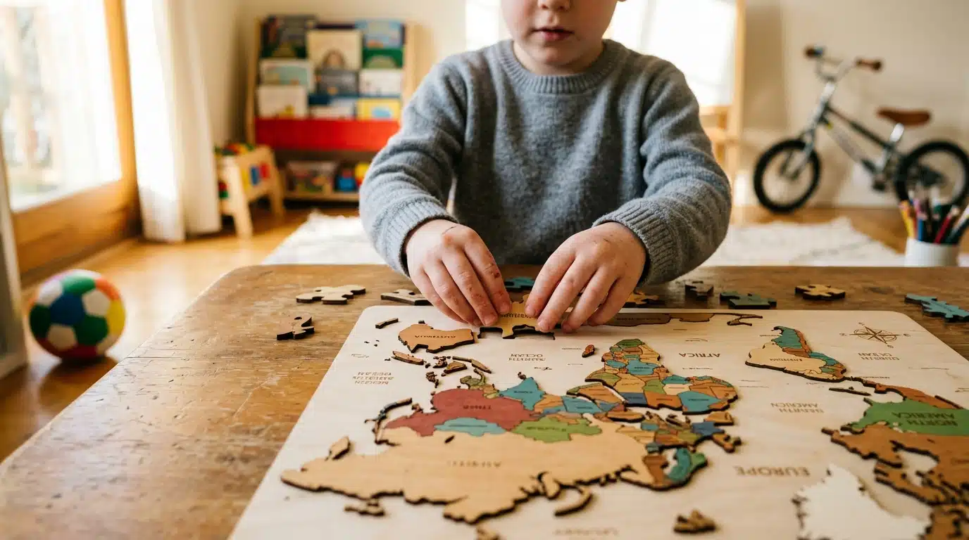 Mains d'enfant assemblant un puzzle du monde