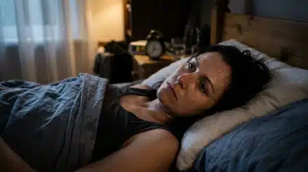 Personne allongée réveillée en sueur la nuit