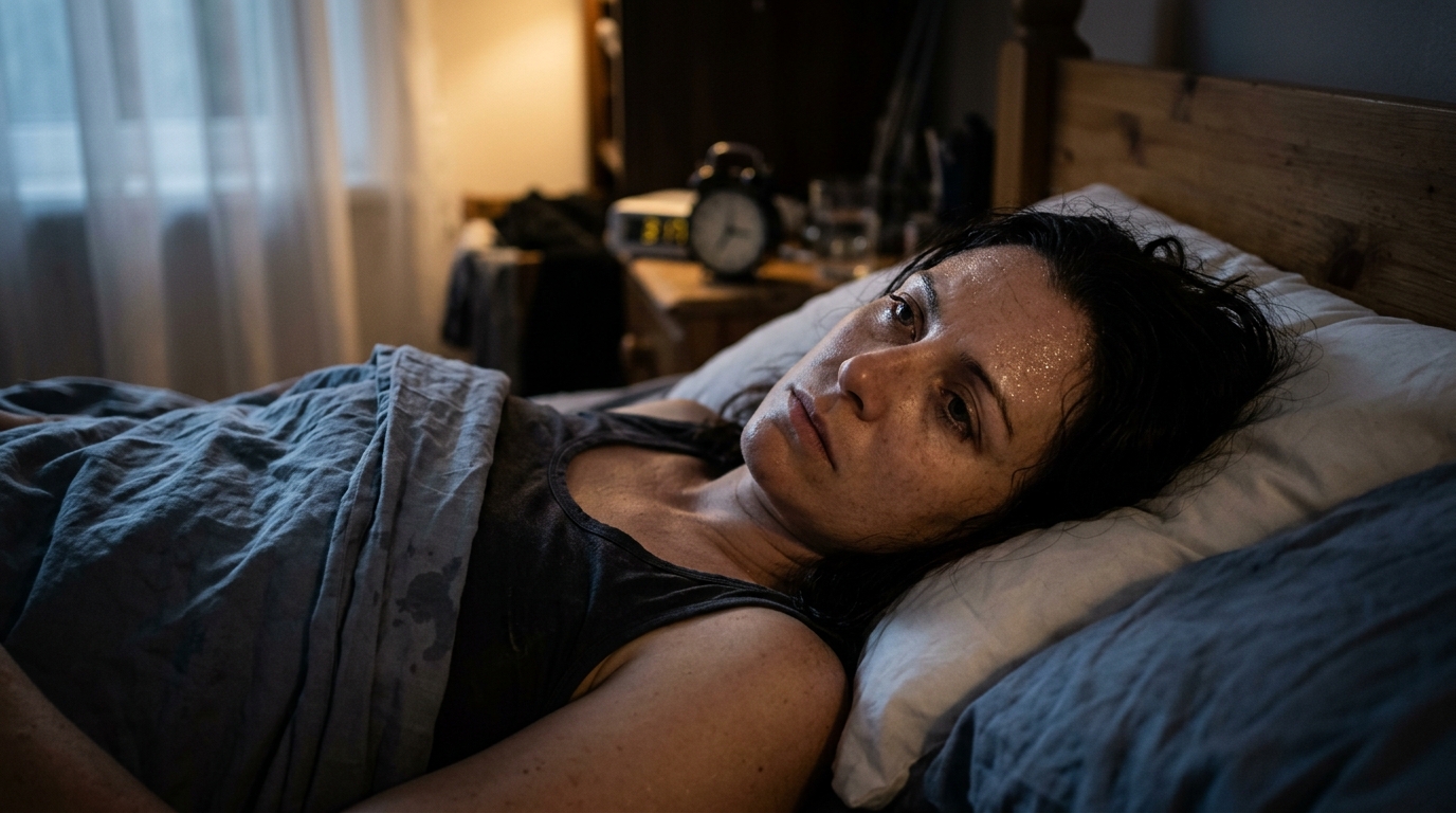 Personne allongée réveillée en sueur la nuit