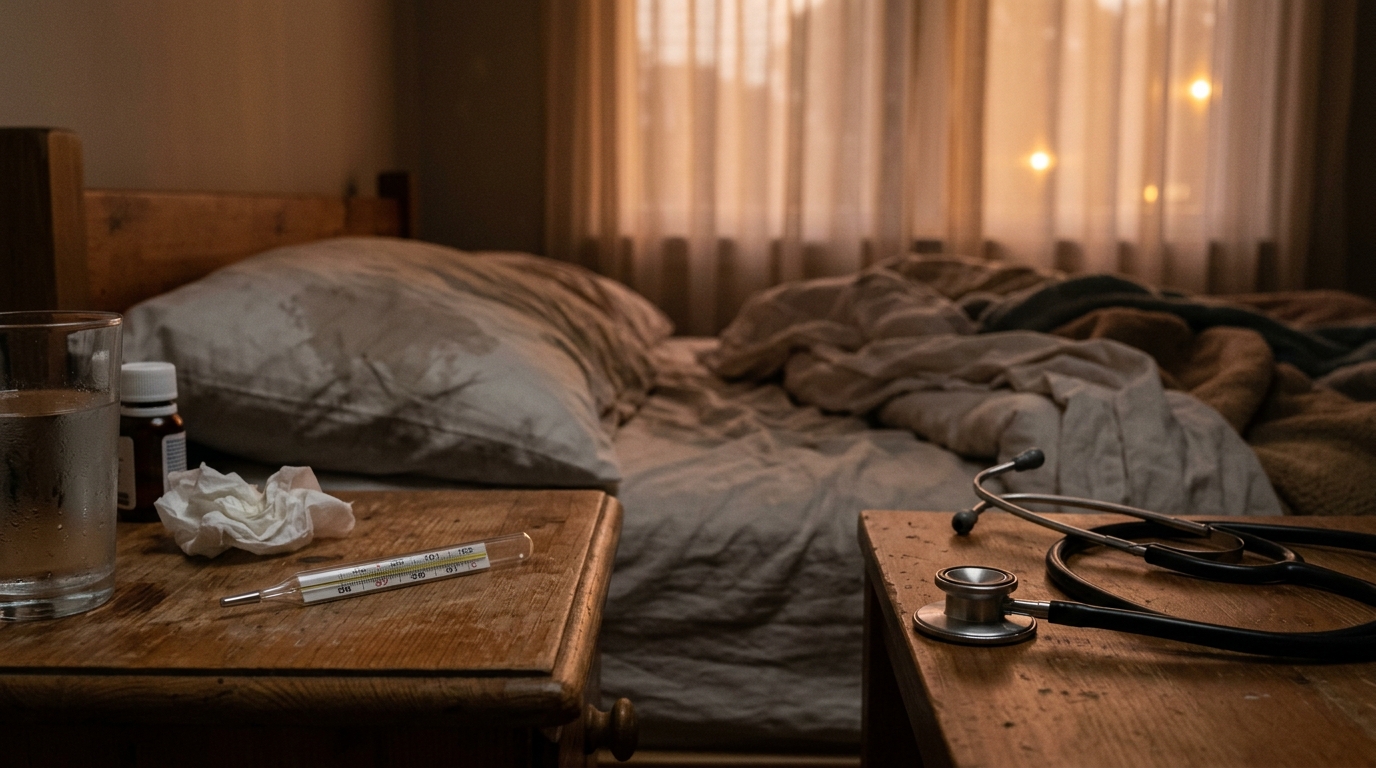 Thermomètre et oreiller humide dans chambre