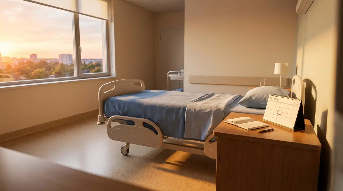 Chambre de maternité au lever du jour avec un calendrier sur la table de chevet