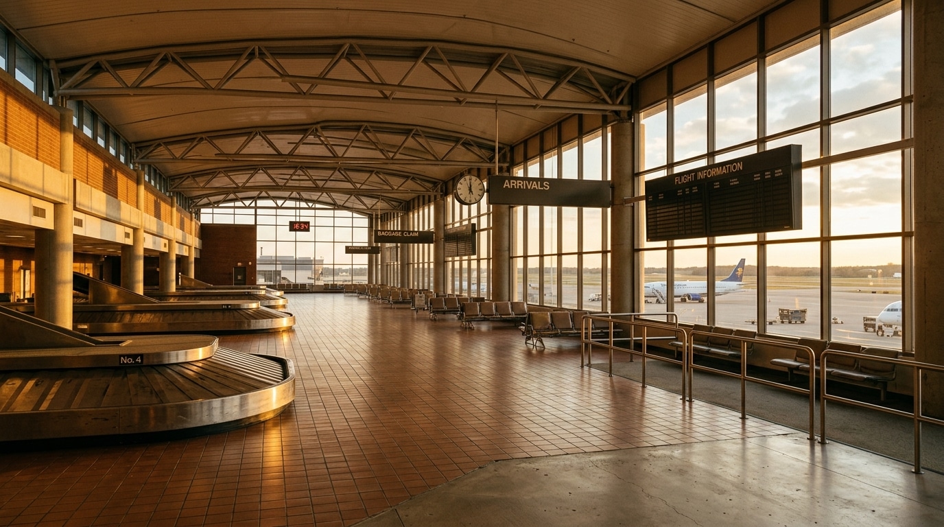Hall d'arrivée d'aéroport baigné de lumière dorée