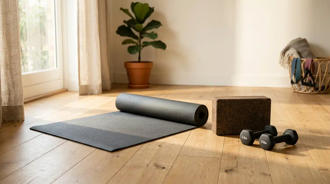 Tapis de Pilates et accessoires posés au sol