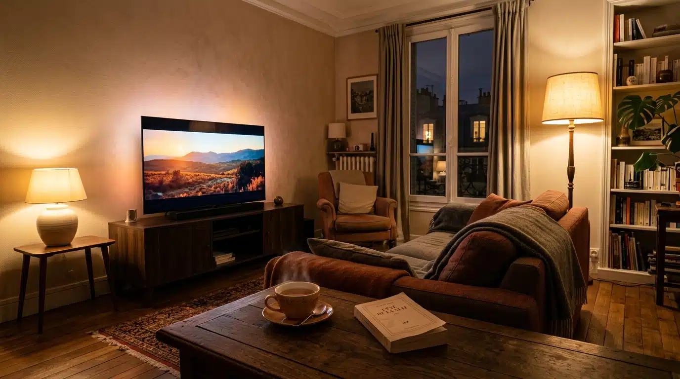 Salon chaleureux avec télévision allumée, ambiance intimiste