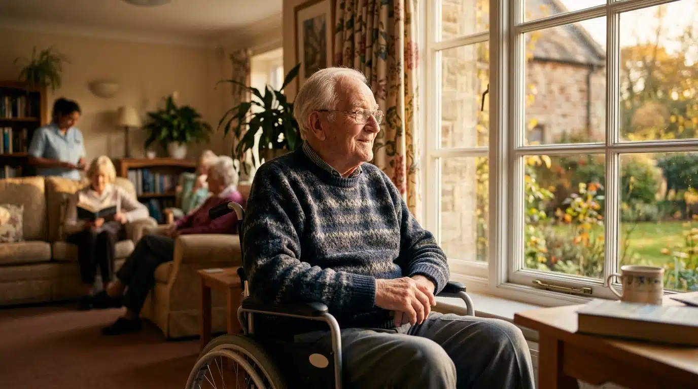 Homme âgé en fauteuil roulant dans un EHPAD