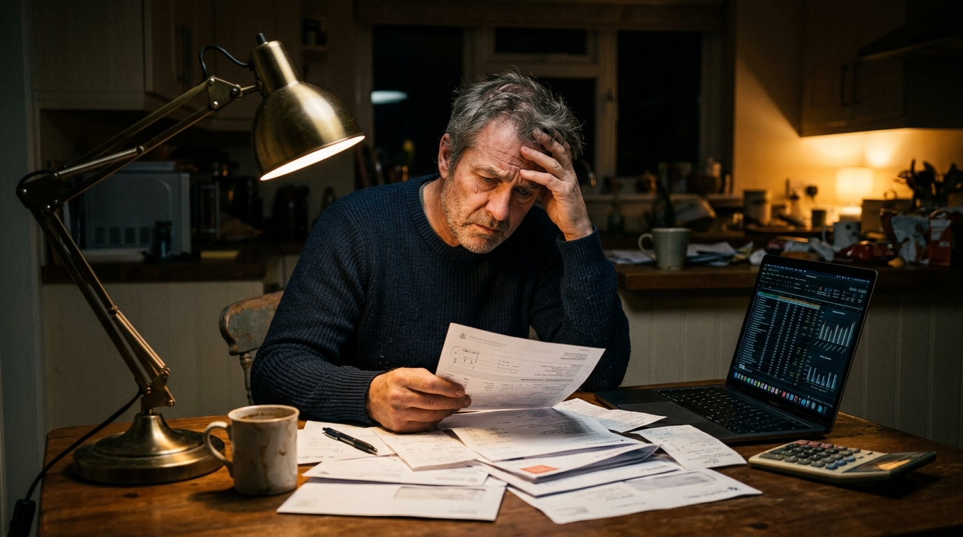 Homme stressé face à ses factures le soir