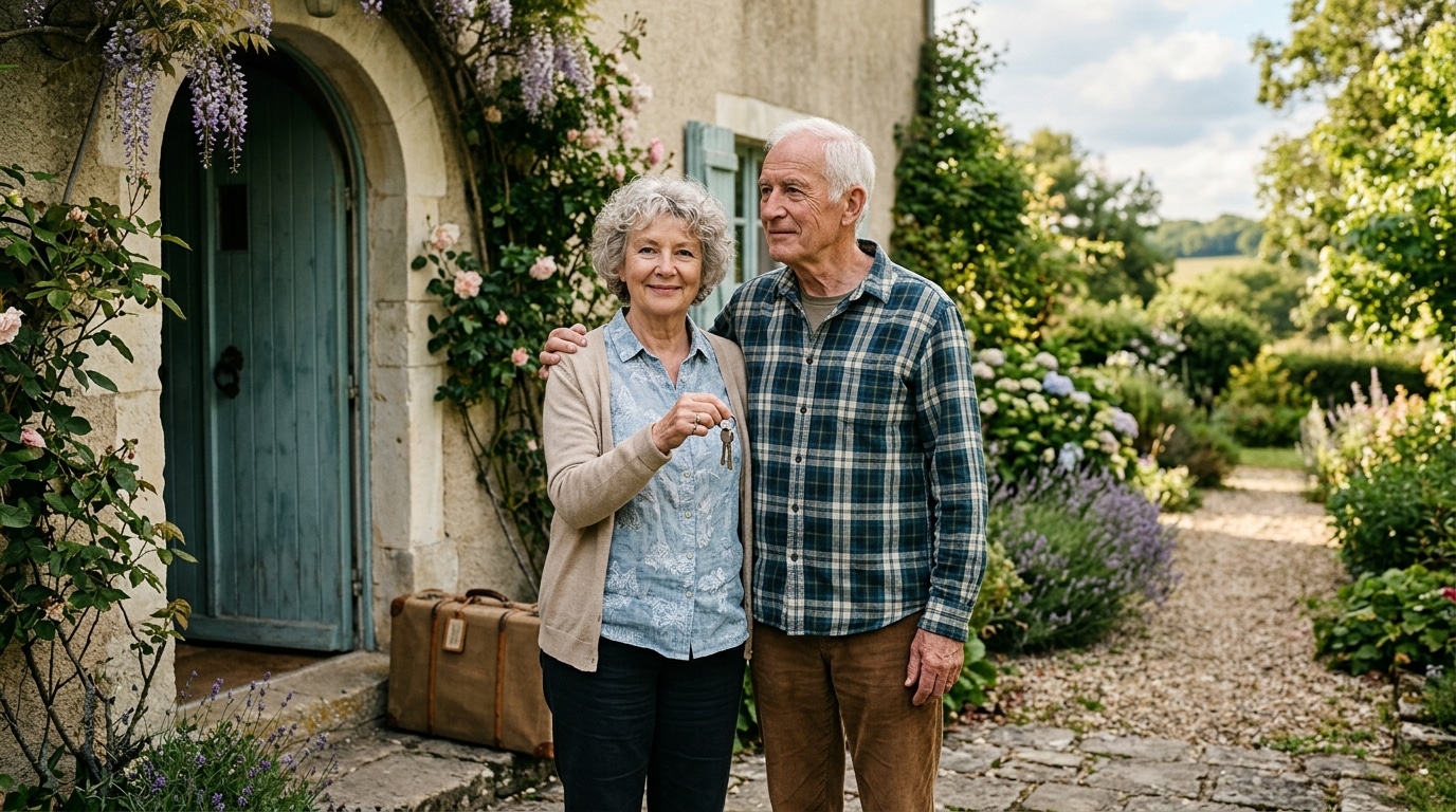 Couple de seniors souriant devant une maison de campagne