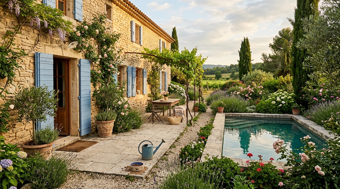 Terrasse de maison avec piscine et arrosoir au soleil