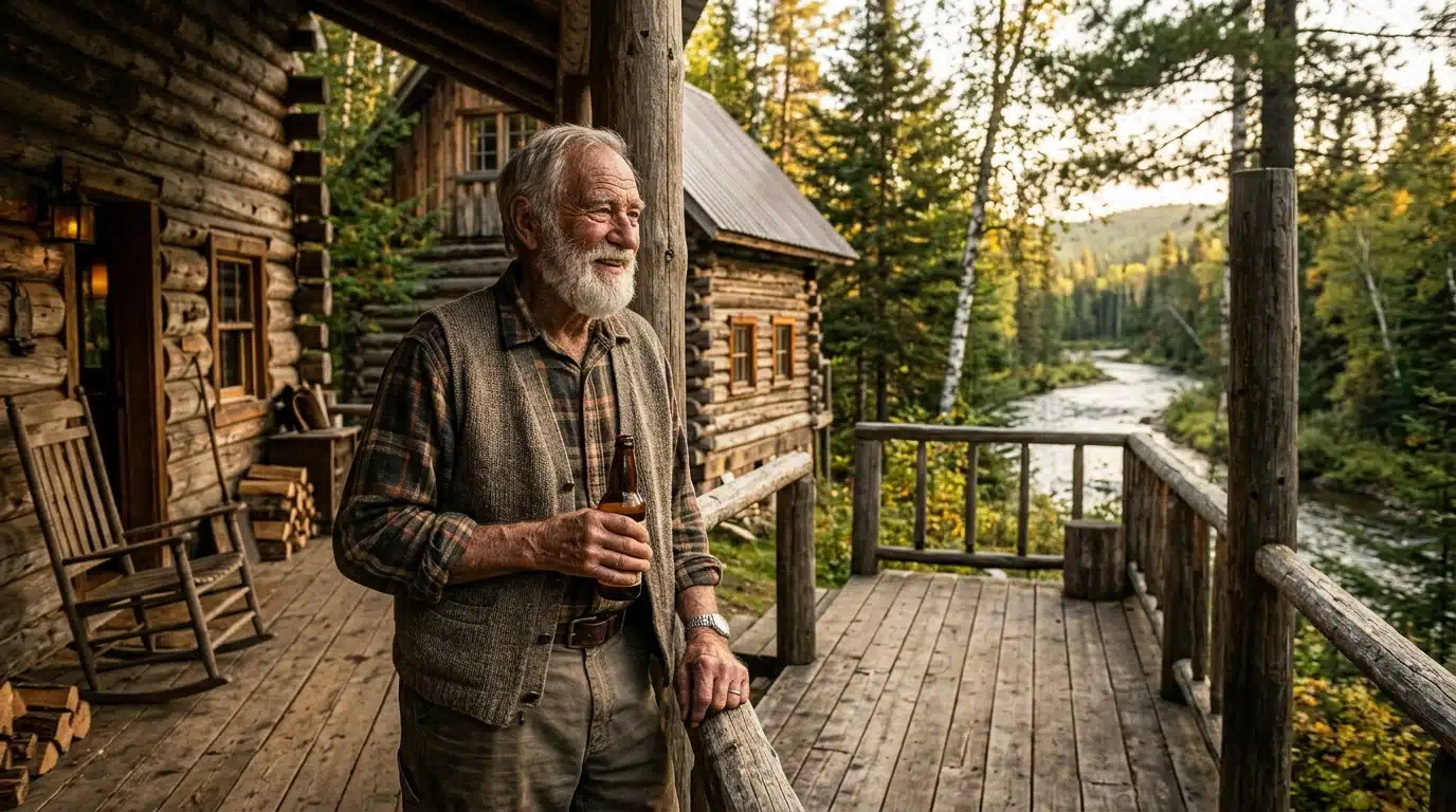 David Lidstone dit River Dave sur la terrasse de sa cabane