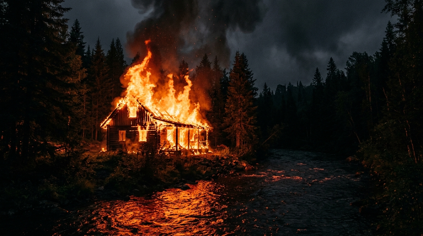La cabane en bois de River Dave en flammes la nuit
