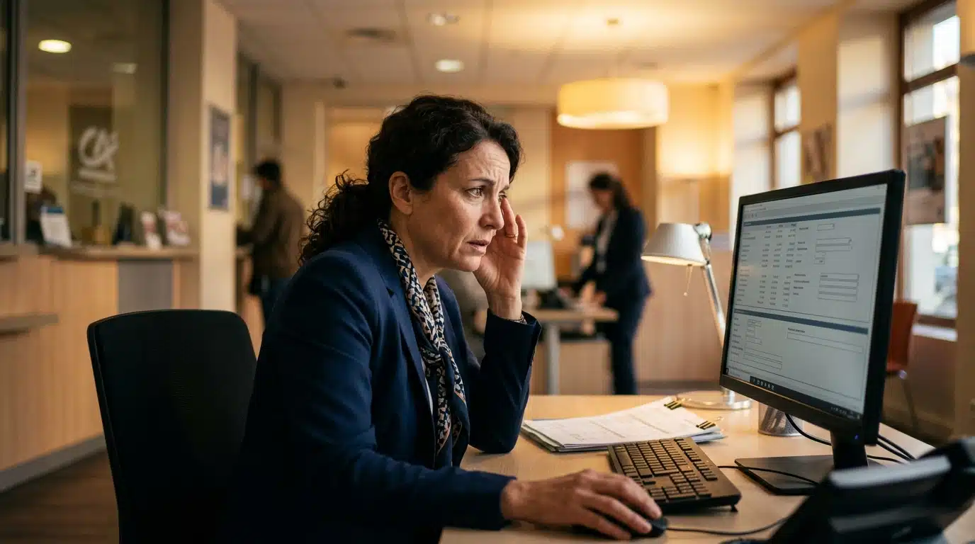 Employé de banque examinant une erreur de virement au bureau