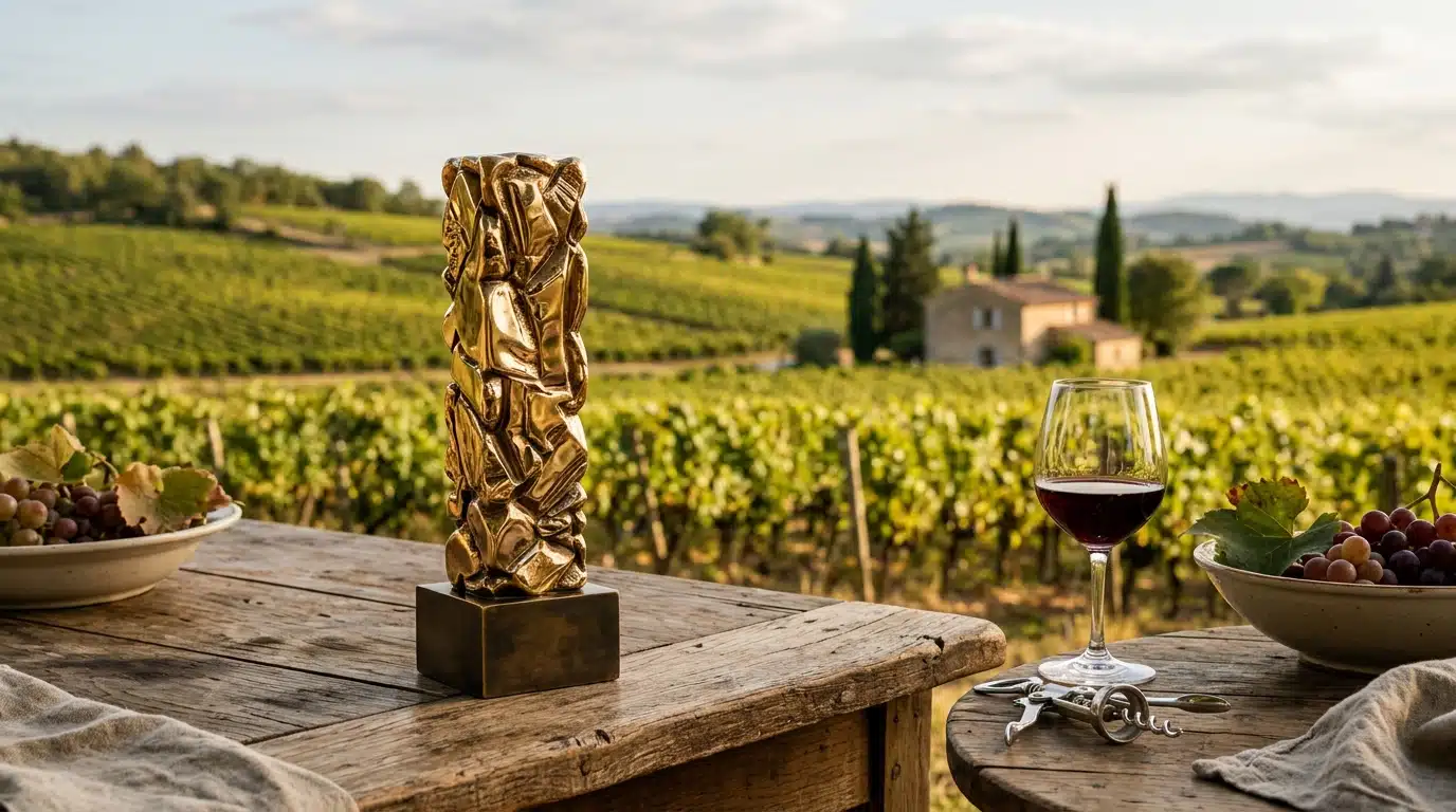 Trophée doré posé sur une table face à un vignoble