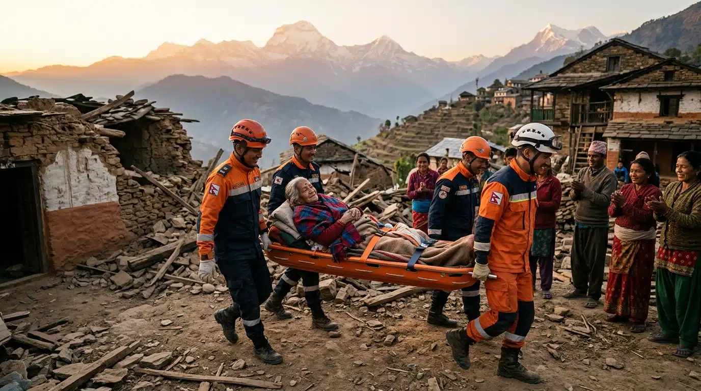 Nonagénaire évacuée sur civière par les équipes de secours