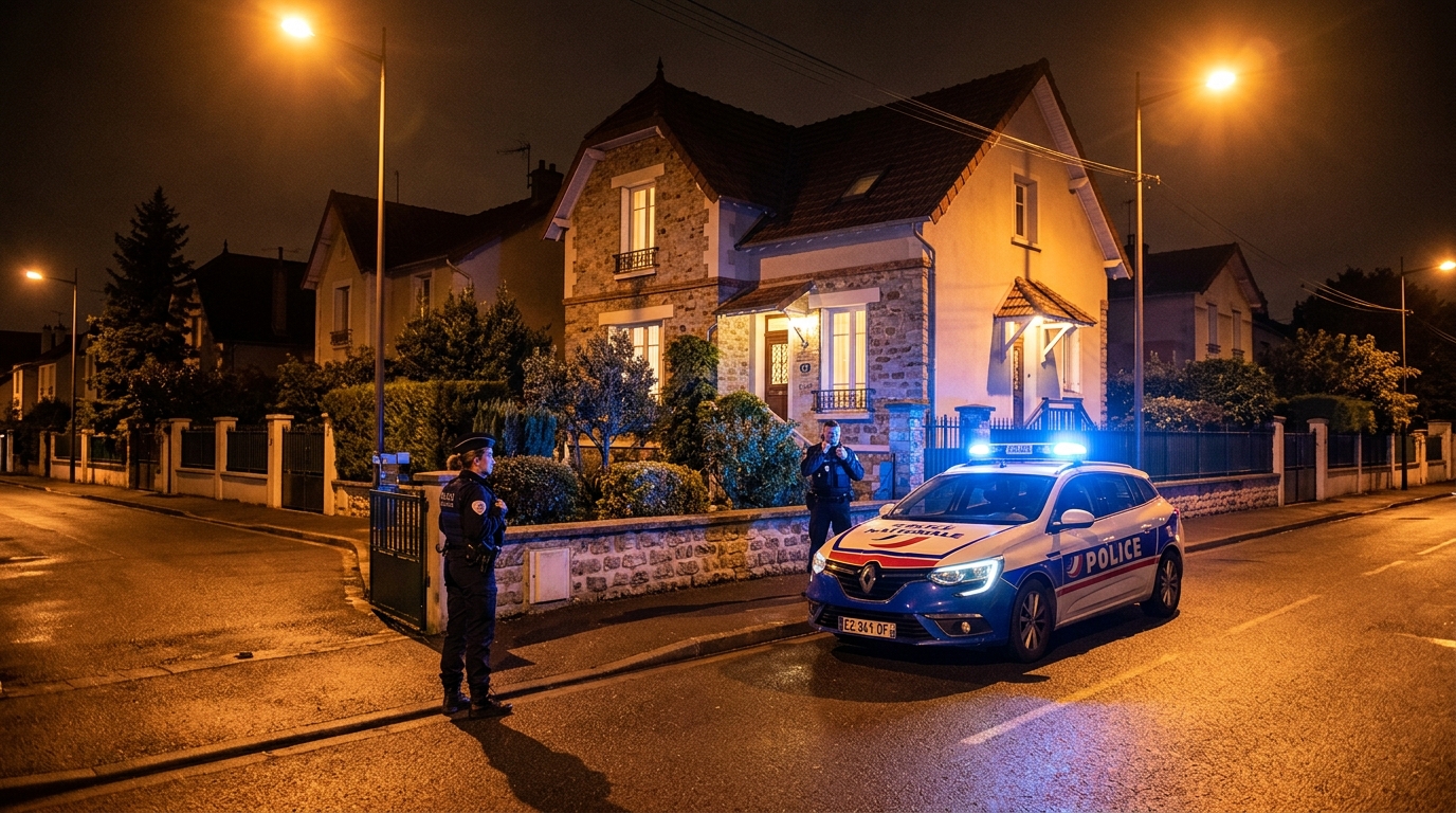 Voiture de police devant le pavillon après l'intervention