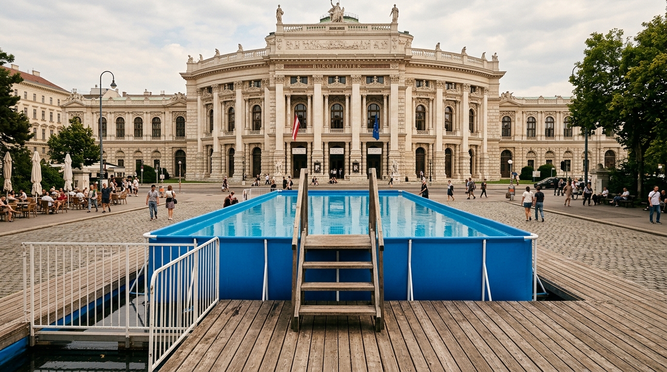 Piscine éphémère installée devant un théâtre berlinois