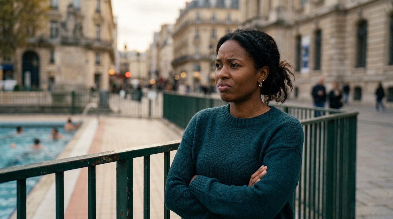 Femme anonyme regardant vers une piscine publique