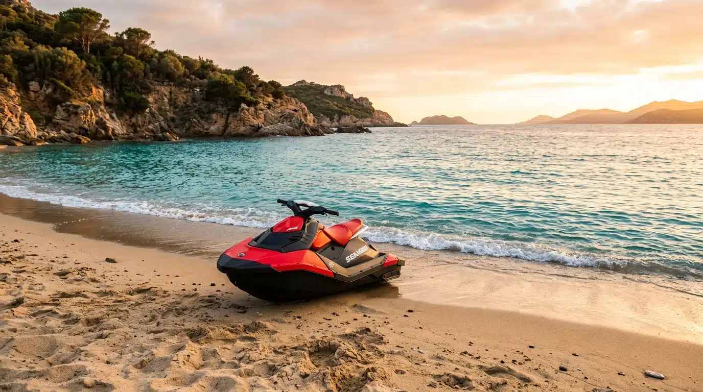 Mini-scooter des mers garé sur une plage méditerranéenne au coucher du soleil