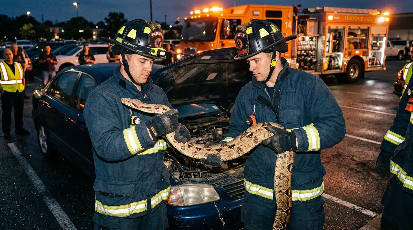 Pompiers extrayant un boa constrictor d'un moteur de voiture