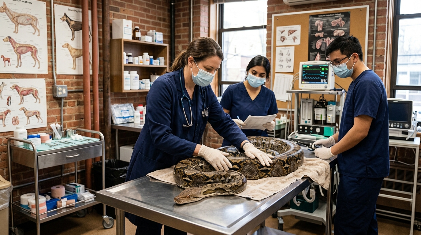 Vétérinaire examinant le boa constrictor à l'école vétérinaire