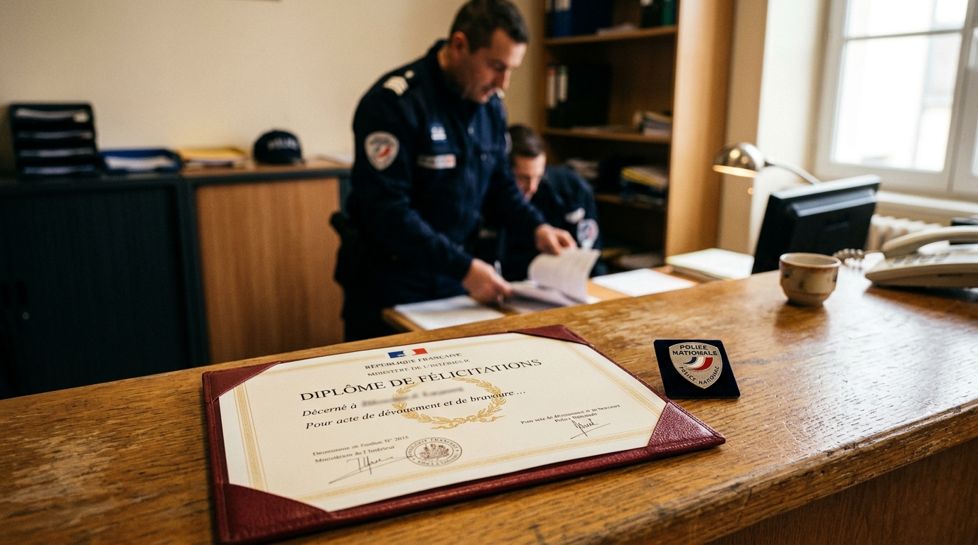 Diplôme et insigne de police posés sur un comptoir