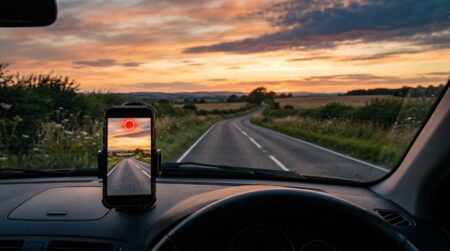Route déserte au crépuscule avec smartphone filmant depuis un tableau de bord