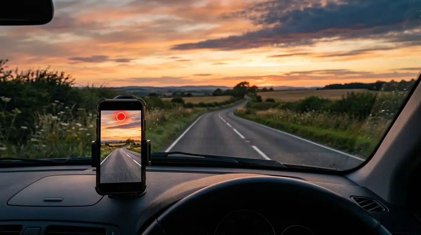 Route déserte au crépuscule avec smartphone filmant depuis un tableau de bord