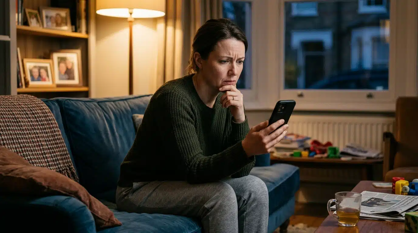 Mère inquiète regardant son téléphone dans son salon