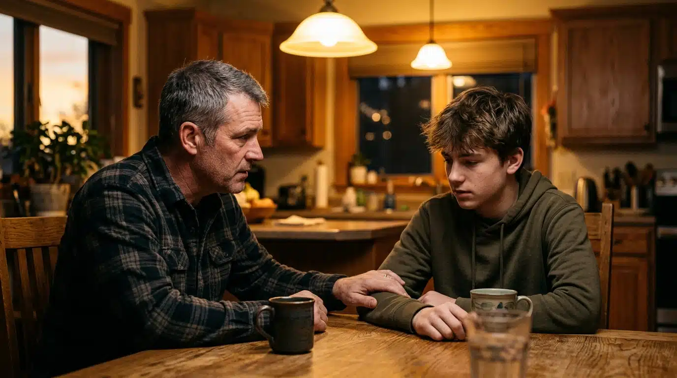 Père et adolescent discutant sérieusement autour d'une table