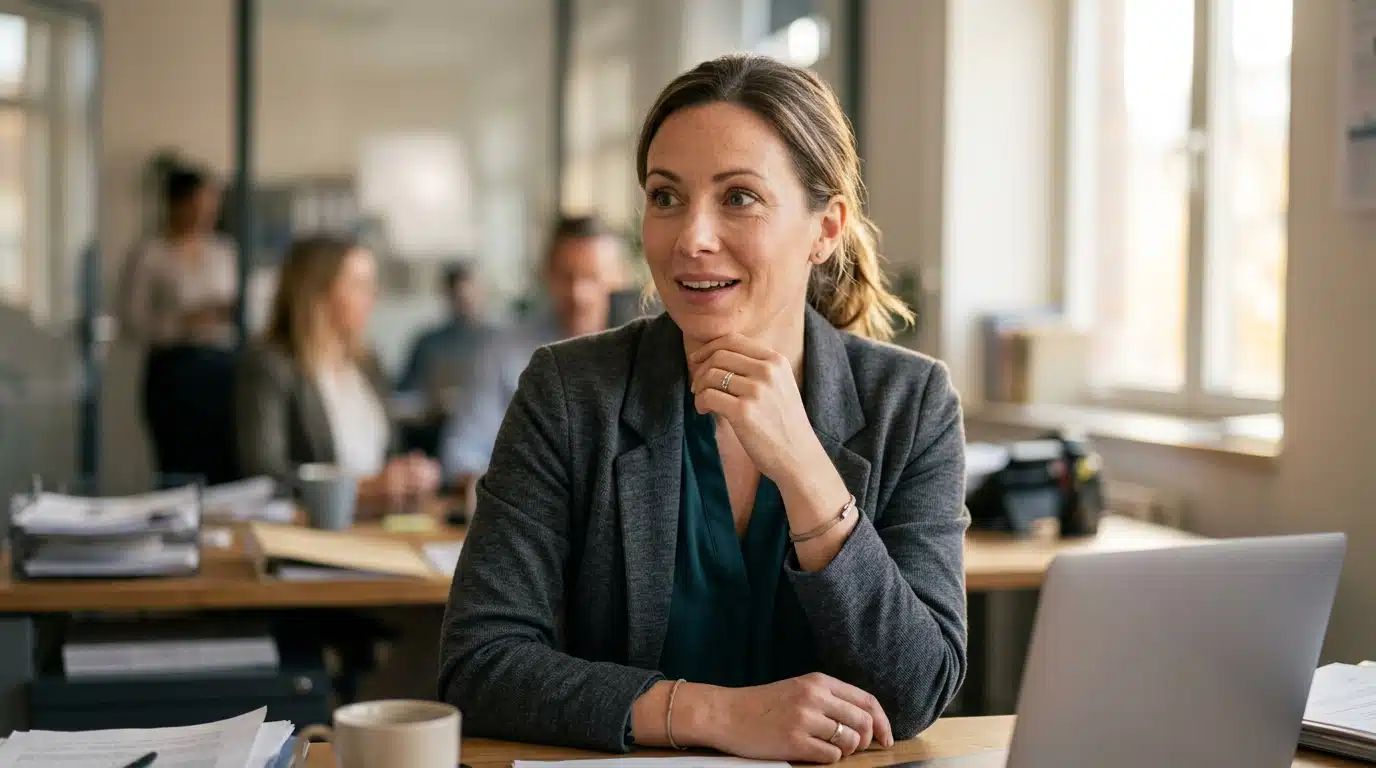 Employé souriant devant un ordinateur au bureau