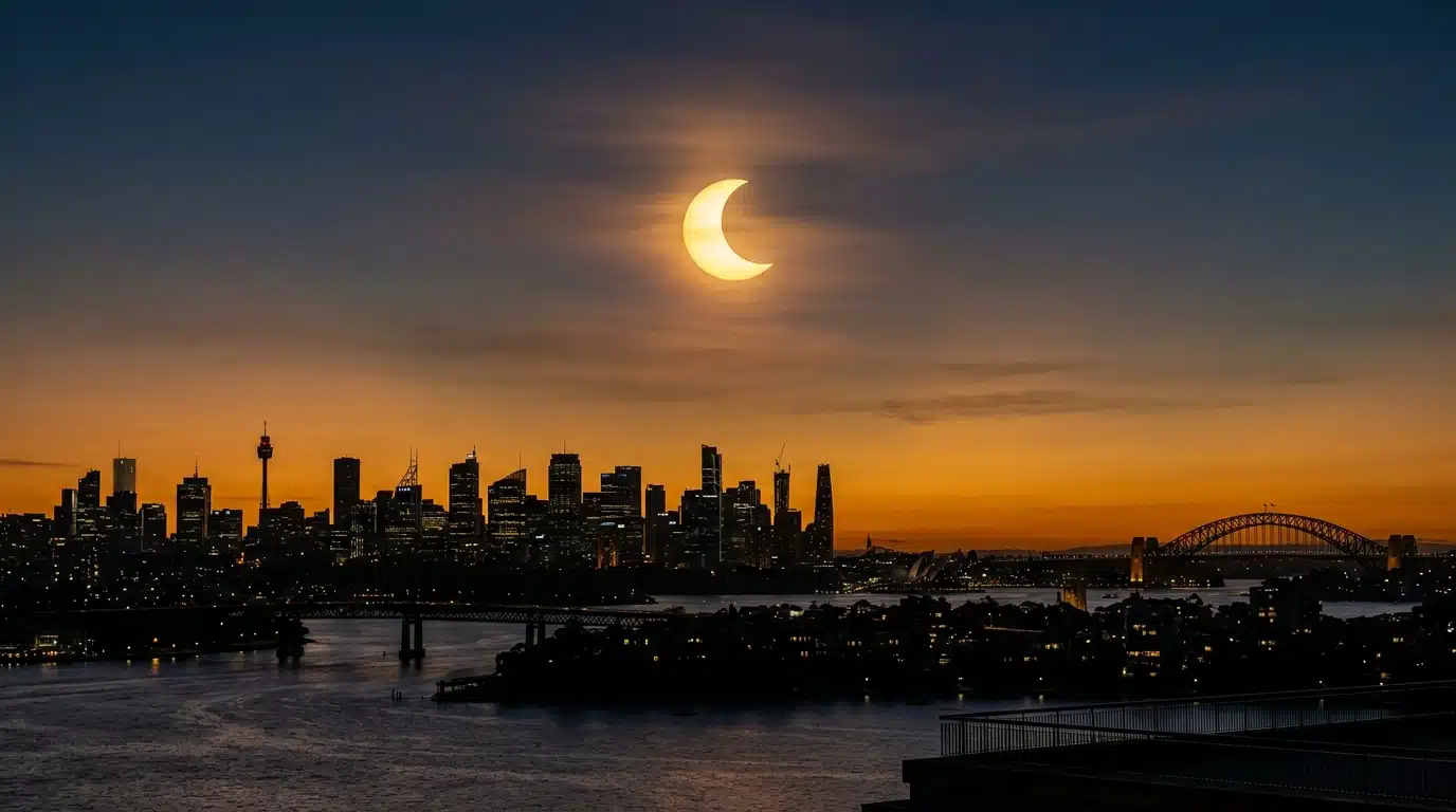 Éclipse solaire partielle au-dessus d'une ville