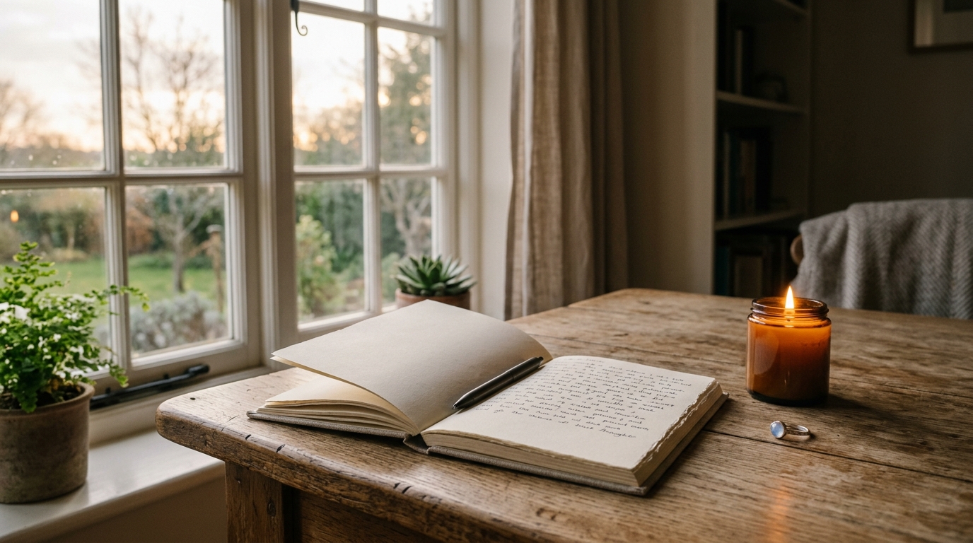 Carnet ouvert, bougie et bague sur une table en bois