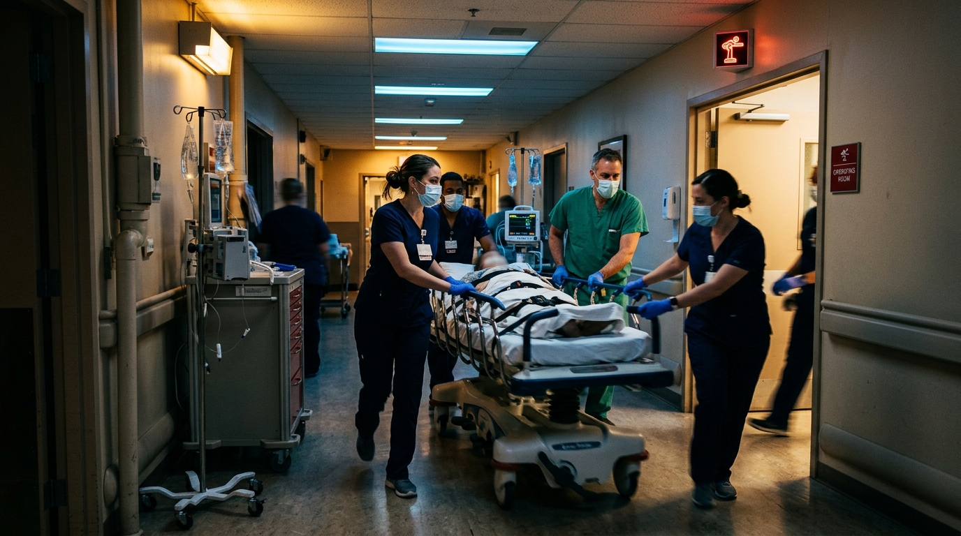 Couloir d'hôpital avec brancard en urgence de nuit