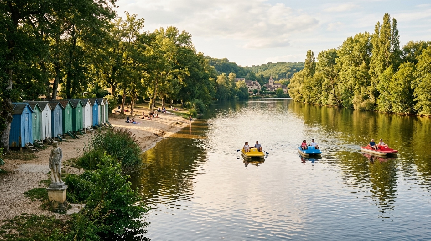 Plage fluviale avec cabines en bois et pédalos