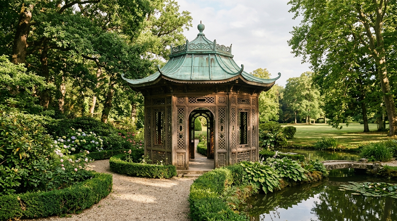 Pavillon chinois du parc de Cassan sous les arbres