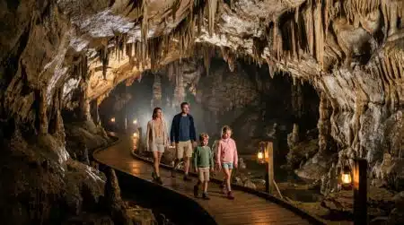 Famille visitant une grotte fraîche près de Lyon en été