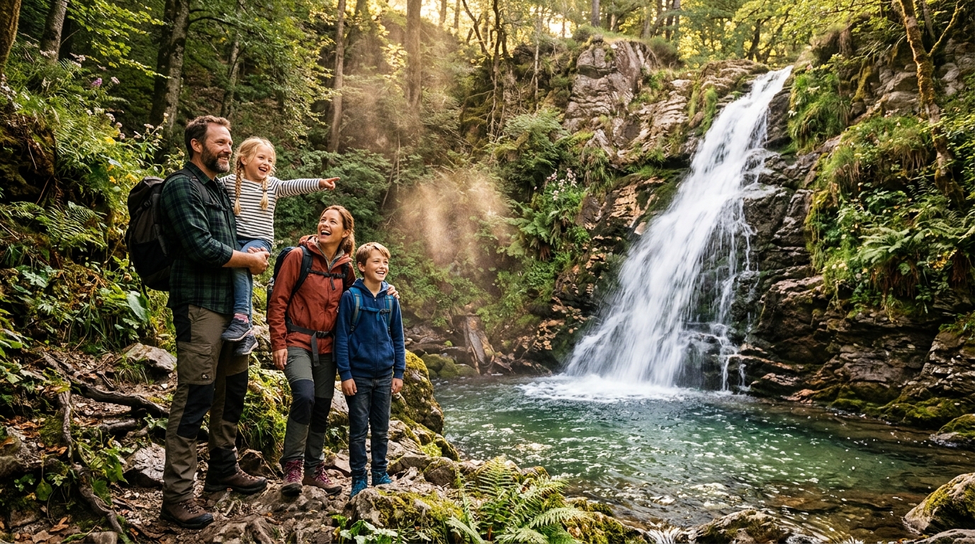 Famille découvrant une cascade cachée dans le Pilat