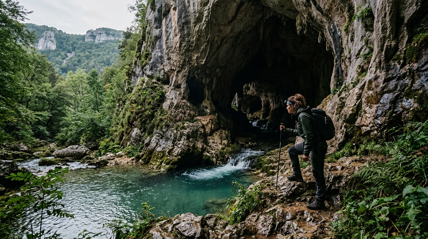 Randonneur devant l'entrée d'une grotte karstique du Bugey