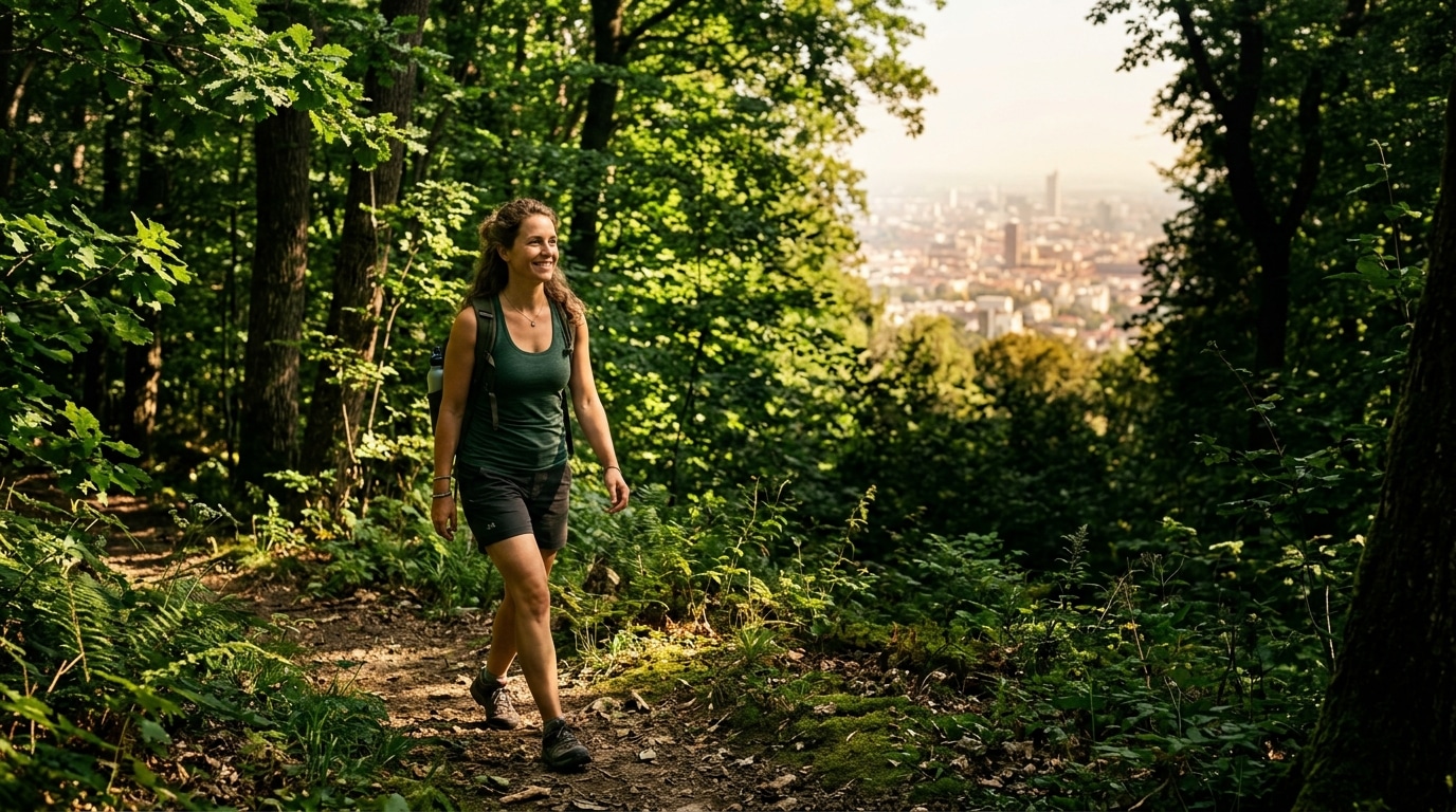 Promeneuse sous la canopée fraîche d'une forêt près de Paris