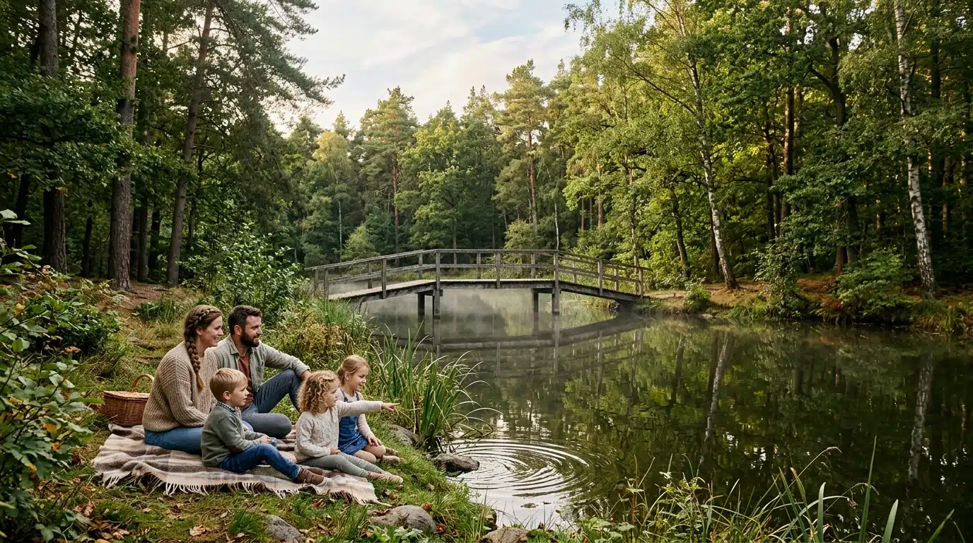 Étang forestier ombragé avec pont en bois et reflets d'eau
