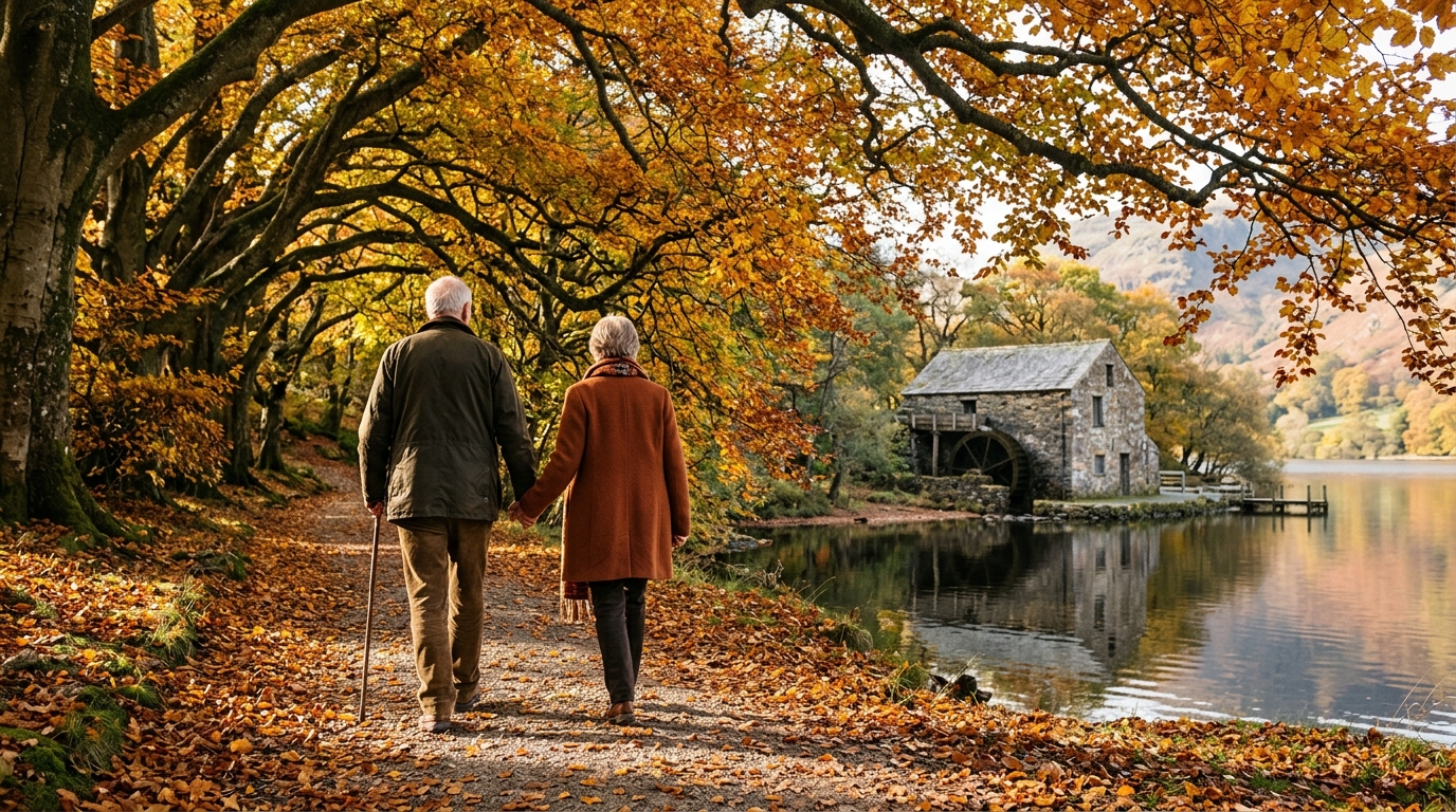 Couple marchant près d'un moulin sous de grands hêtres centenaires