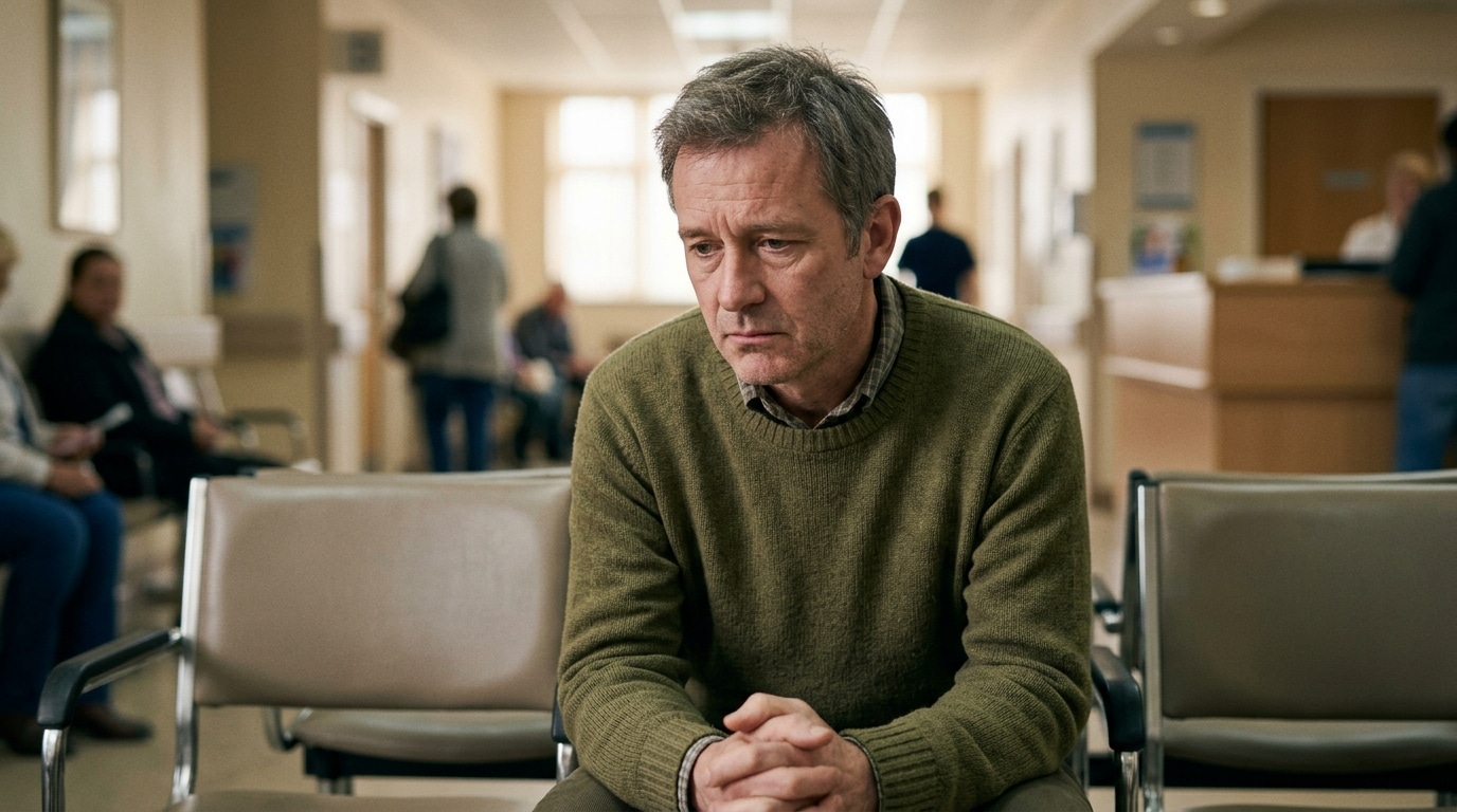 Patient anonyme assis dans une salle d'attente médicale