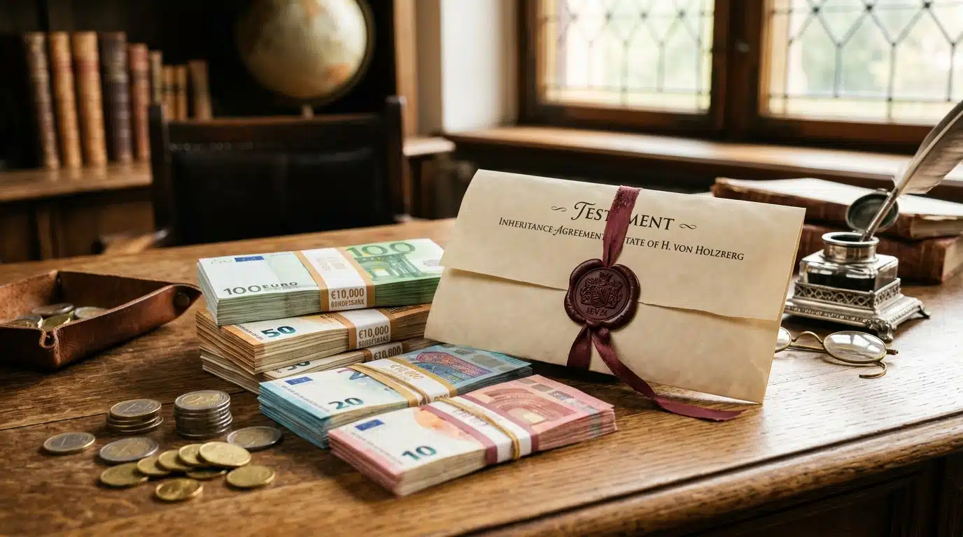 Liasses de billets et document d'héritage scellé sur bureau
