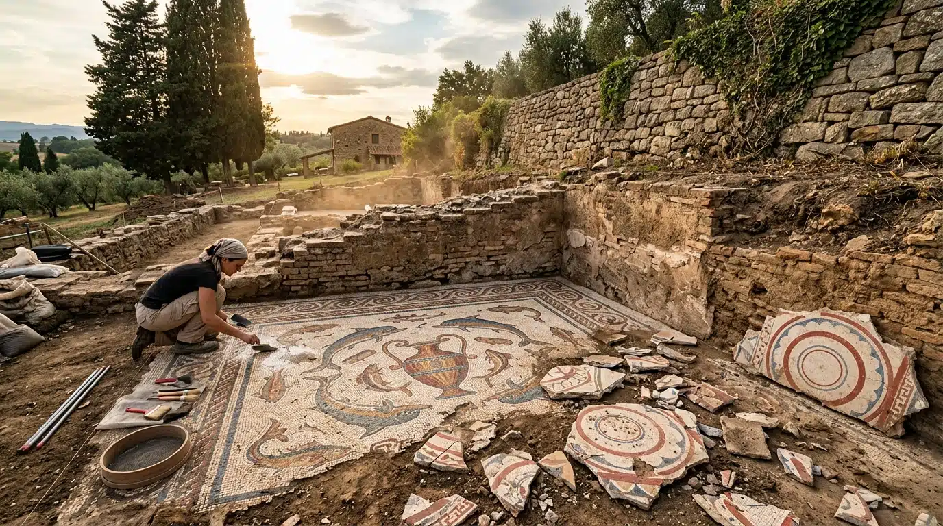 Mosaïque romaine antique avec motif marin dégagée lors de fouilles