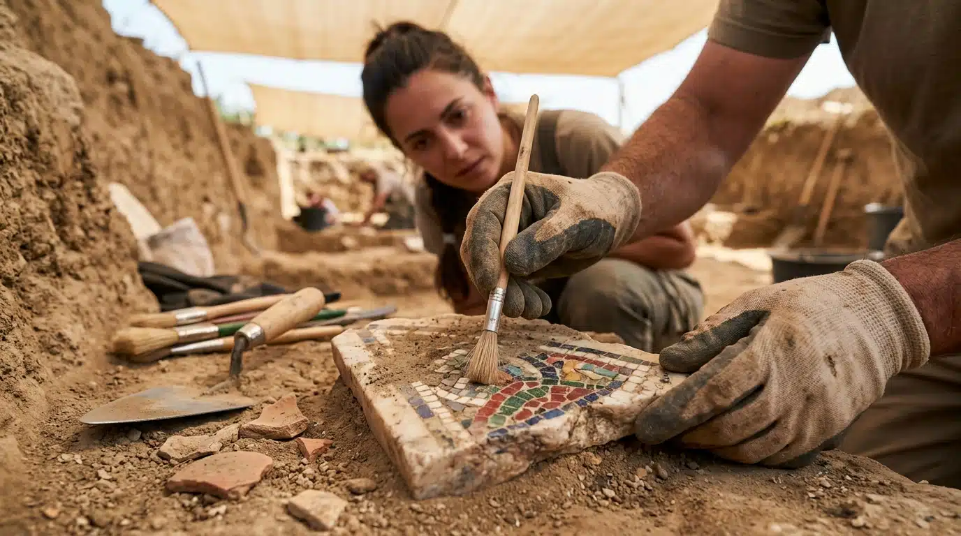 Archéologue examinant un fragment de marbre ancien romain