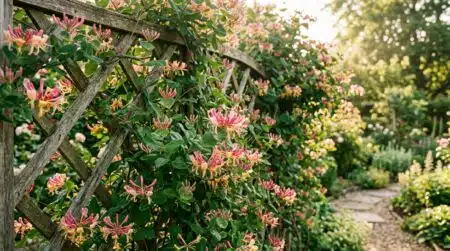Chèvrefeuille grimpant en fleurs sur un treillage en bois