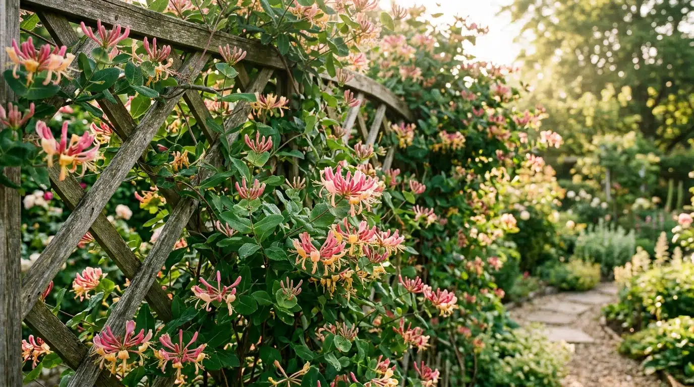 Chèvrefeuille grimpant en fleurs sur un treillage en bois