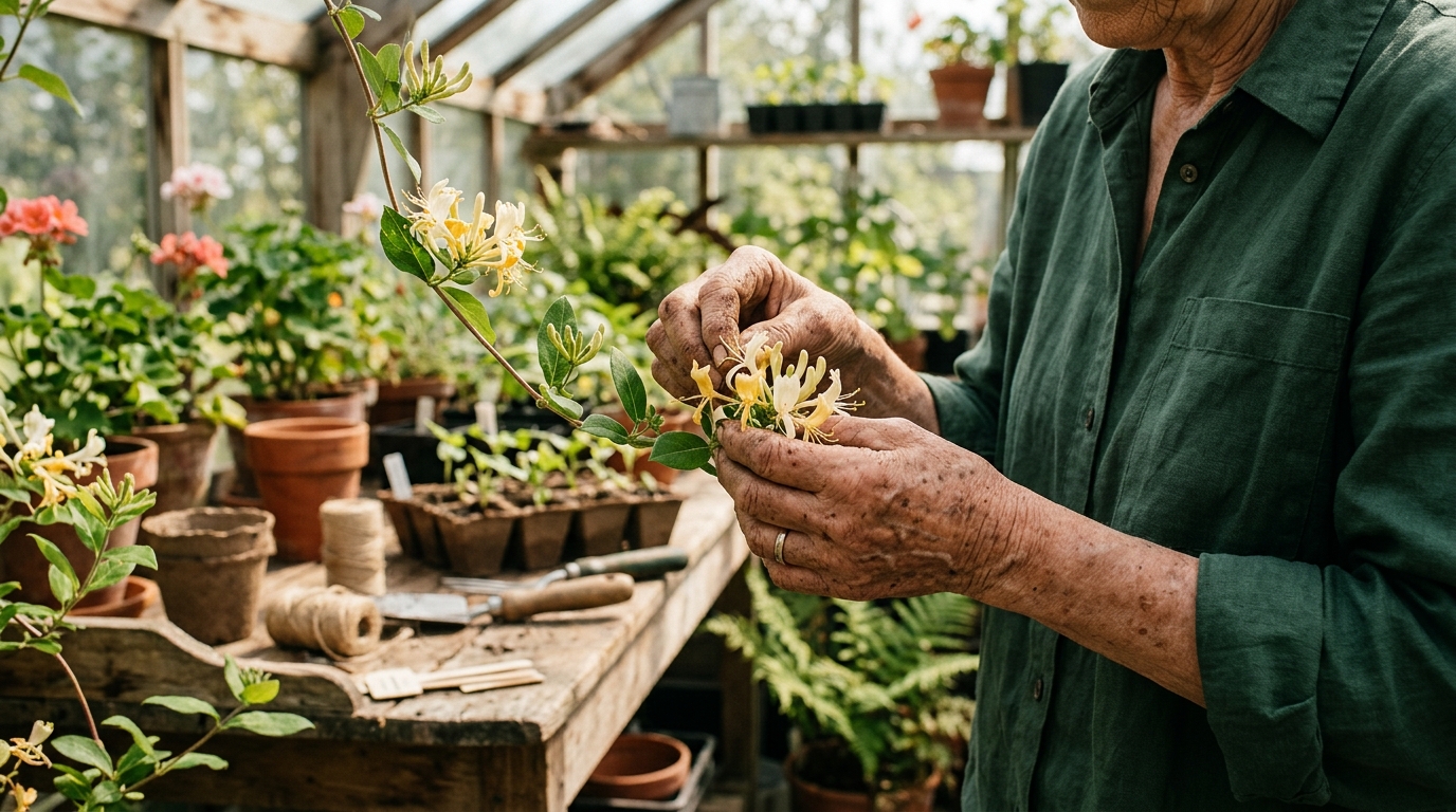 Mains d'un jardinier examinant des fleurs de chèvrefeuille