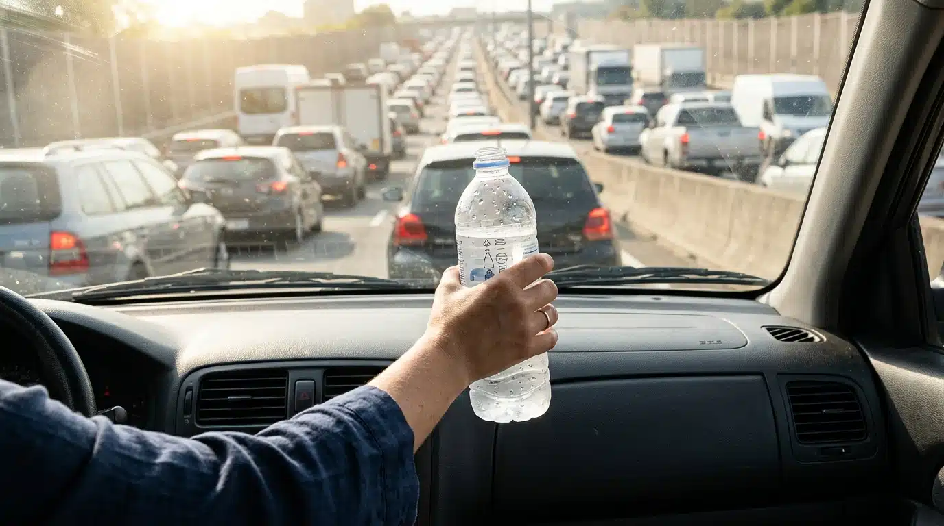 Bouteille d'eau dans une voiture bloquée dans un bouchon